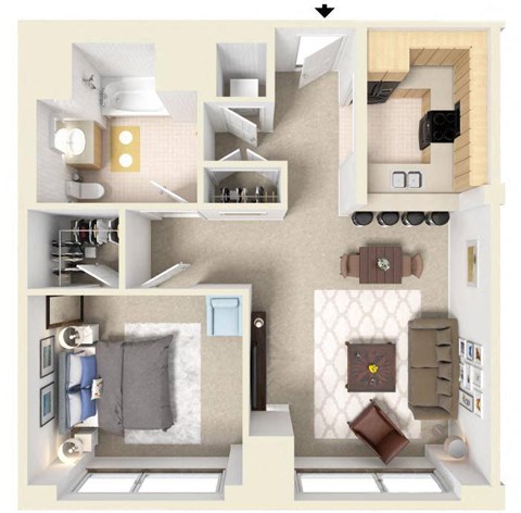Floor plan for 1 bed, 1 bath, 881 sqft